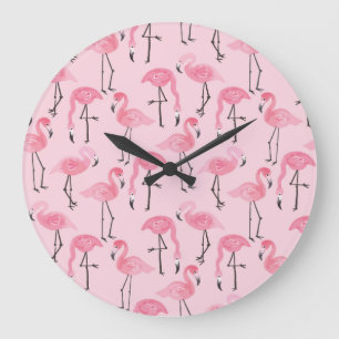 Pink Flamingo Set, Tropical Summer Pattern. Large Clock