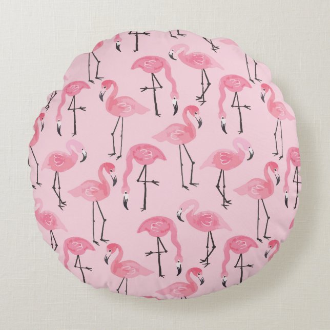 Pink Flamingo Set, Tropical Summer Pattern. Round Cushion (Front)