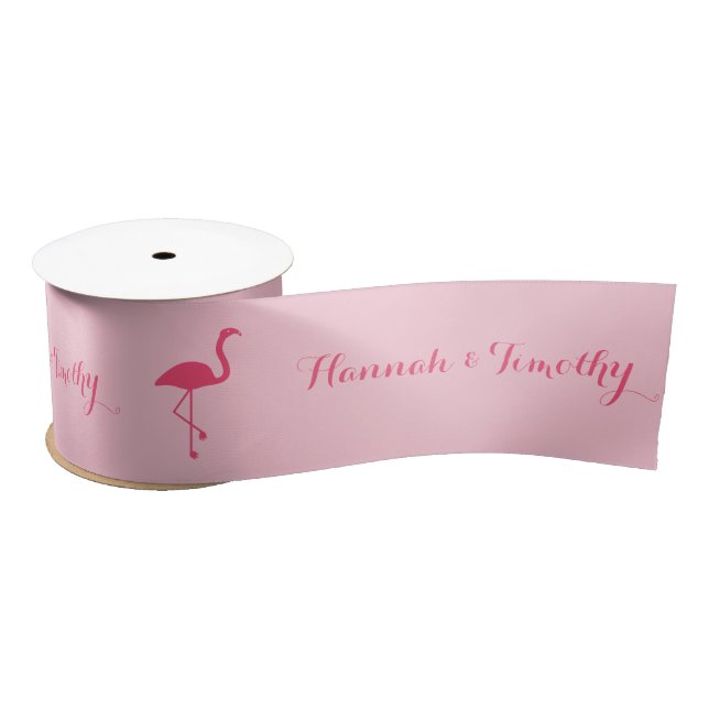 Pink Flamingo Silhouette With Custom Names Wedding Satin Ribbon (Spool)