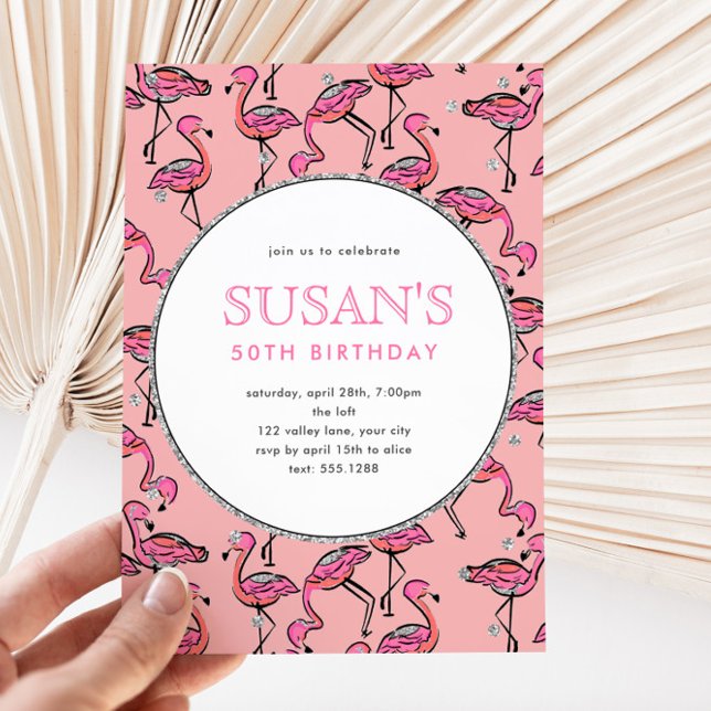 Pink Flamingo Silver Glitter Birthday Party Invitation (Creator Uploaded)