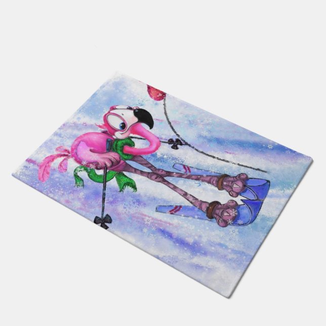 Pink Flamingo Skier Doormat (Angled)