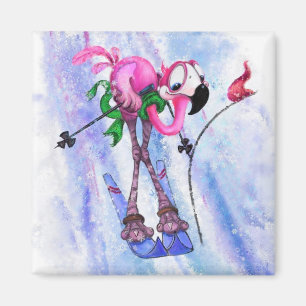 Pink Flamingo Skier Magnet Cartoon Fun
