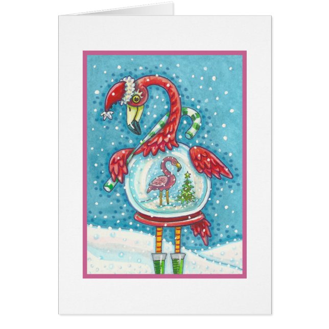 PINK FLAMINGO SNOWGLOBE, CHRISTMAS GREETING CARD B (Front)