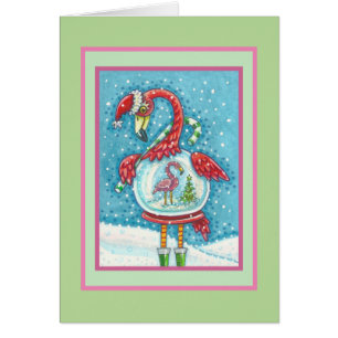 PINK FLAMINGO SNOWGLOBE, CHRISTMAS GREETING CARD B