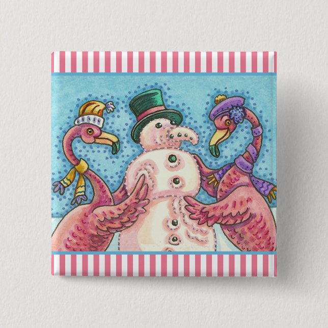 PINK FLAMINGO SNOWMAN CHRISTMAS BUTTON Square (Front)