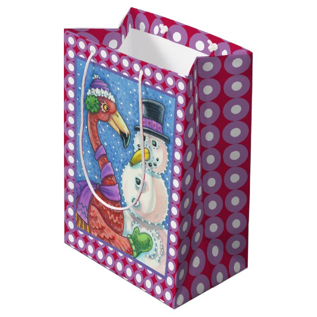 PINK FLAMINGO SNOWMAN CHRISTMAS GIFT BAG Medium (Back Angled)
