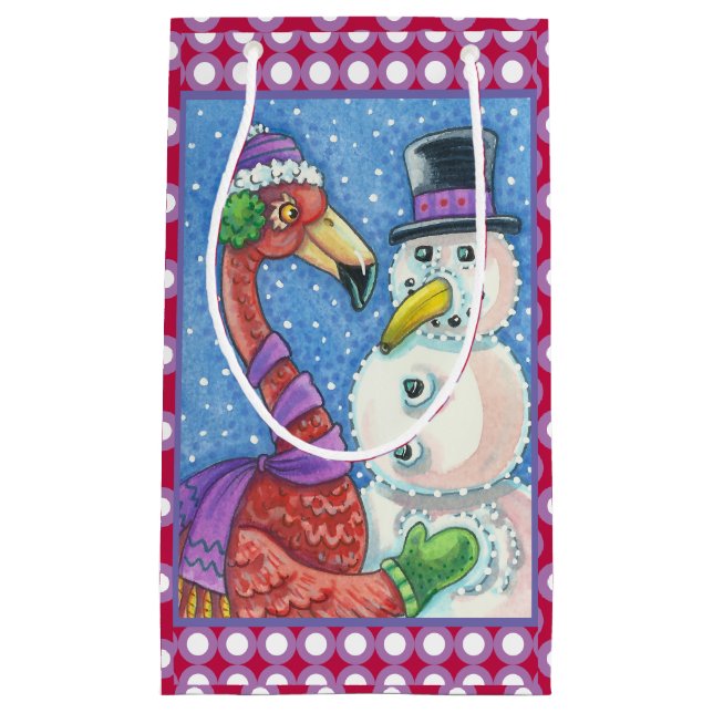 PINK FLAMINGO SNOWMAN CHRISTMAS GIFT BAG Small (Front)