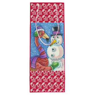 PINK FLAMINGO SNOWMAN CHRISTMAS GIFT BAG - WINE