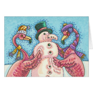 PINK FLAMINGO SNOWMAN, CHRISTMAS GREETING CARD B