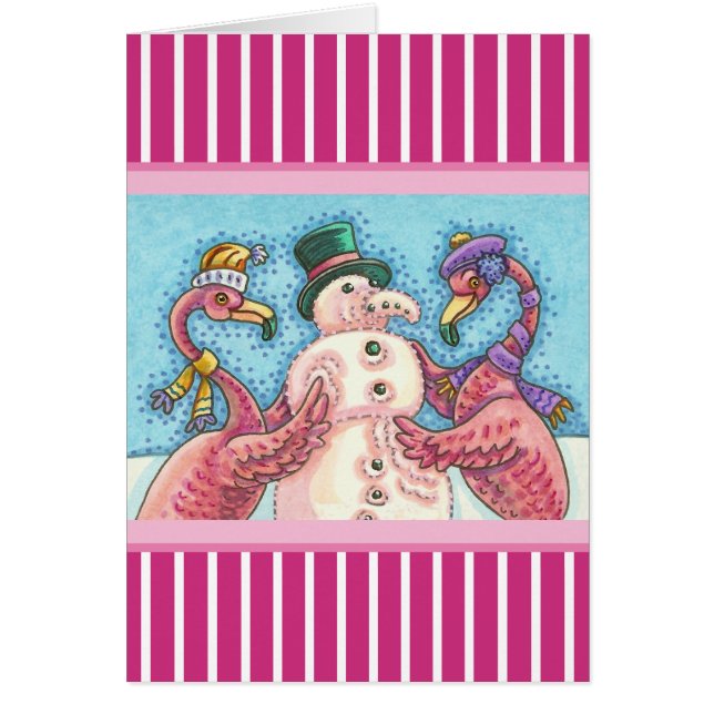 PINK FLAMINGO SNOWMAN, CHRISTMAS GREETING CARD V (Front)