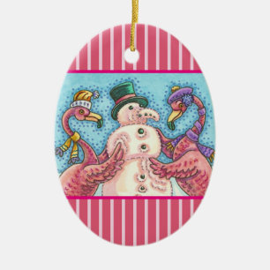 PINK FLAMINGO SNOWMAN, CHRISTMAS HOLIDAY ORNAMENT