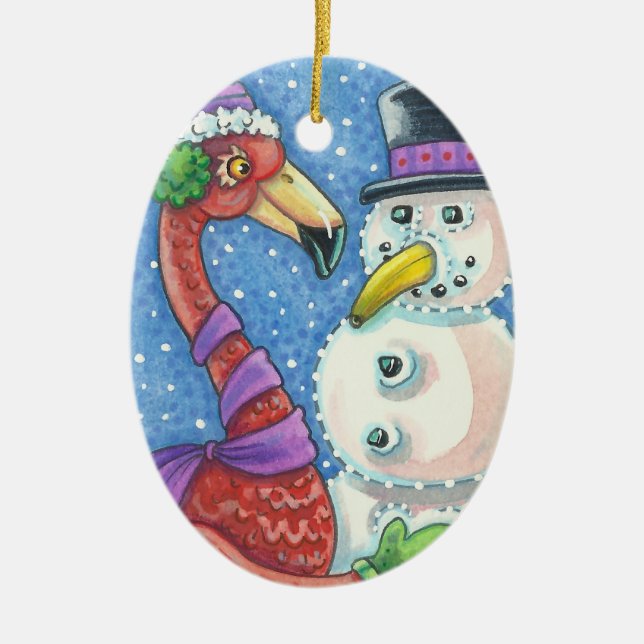 Pink Flamingo Snowman CHRISTMAS ORNAMENT (Front)