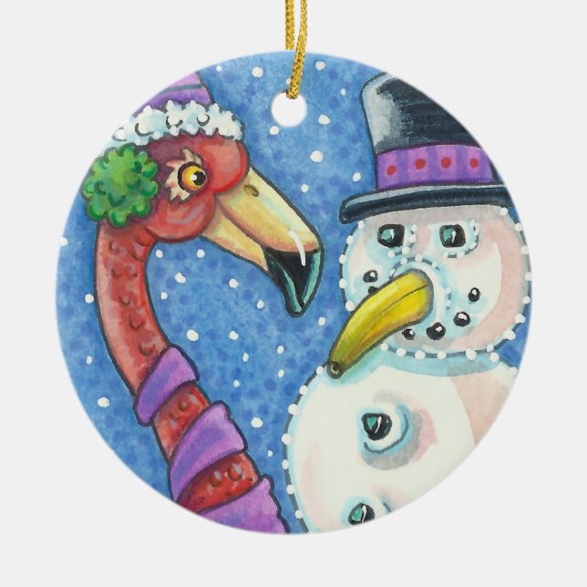 PINK FLAMINGO SNOWMAN CHRISTMAS ORNAMENT Round (Front)