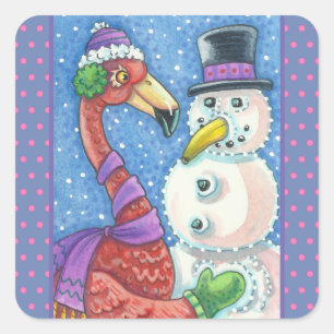 PINK FLAMINGO SNOWMAN, CHRISTMAS STICKERS Square