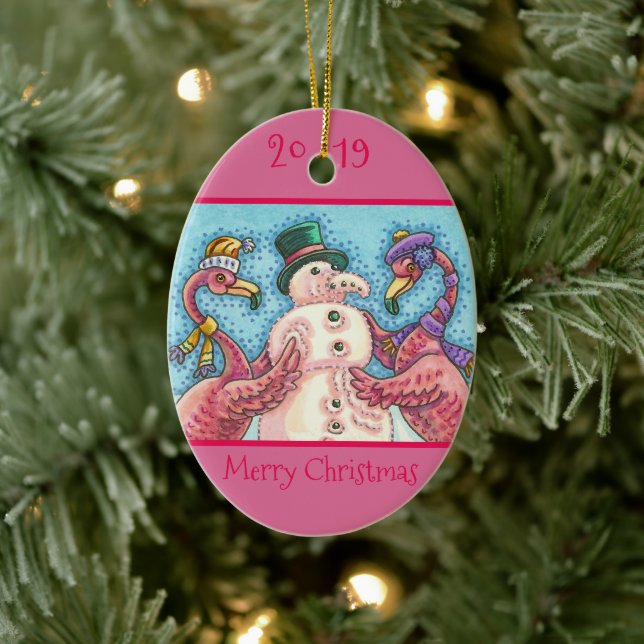 PINK FLAMINGO SNOWMAN, FUNNY CHRISTMAS BIRDS 2019 CERAMIC ORNAMENT (Tree)
