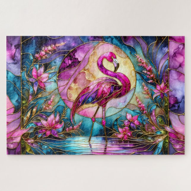 Pink Flamingo Stained Glass Mosaic Jigsaw Puzzle (Horizontal)