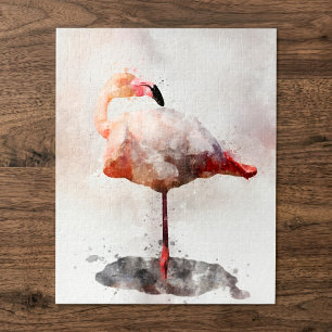 Pink Flamingo Standing in Watercolor Art Print Jigsaw Puzzle