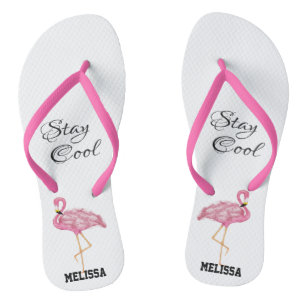 Pink Flamingo Stay Cool Summer Add Name Cute Fun Thongs