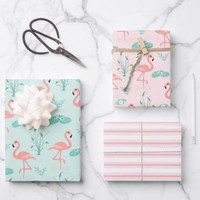 Pink Flamingo Stripes Teal Accent All Occasion Wrapping Paper Sheet (Front)