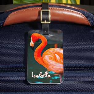 Pink Flamingo Stylish Photo Custom Name Script Luggage Tag