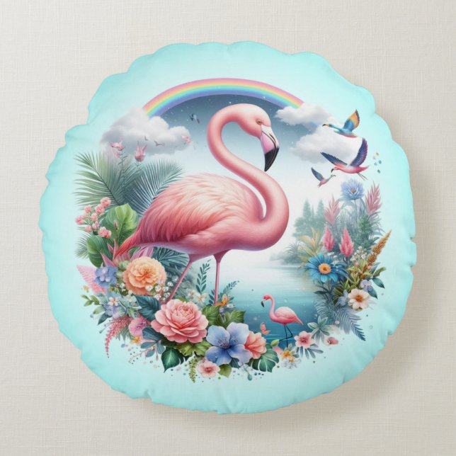 Pink Flamingo Sublimation Round Cushion (Front)