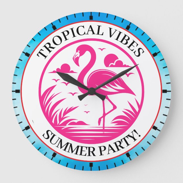 Pink Flamingo Summer Circle Design-68730 Large Clock (Front)