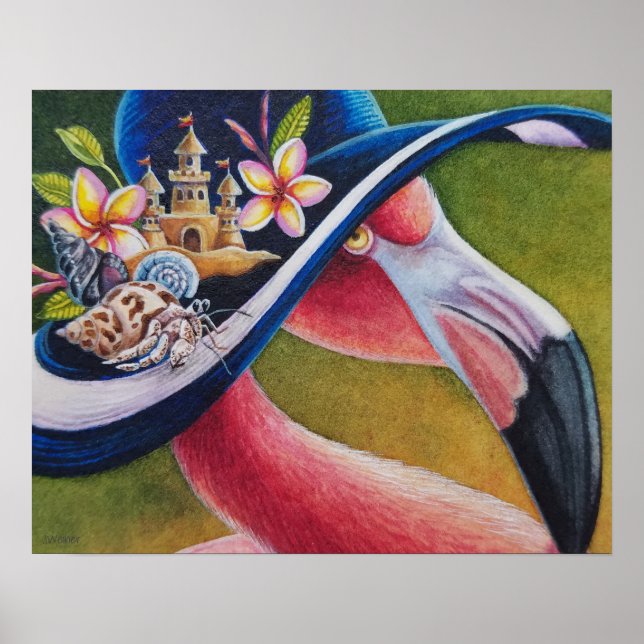 Pink Flamingo Sun Hat Hermit Crab Watercolor 16x20 Poster (Front)