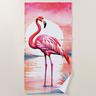 Pink Flamingo Sunset Beach Towel