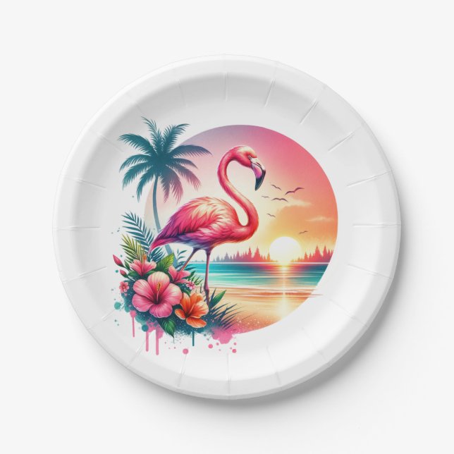 Pink Flamingo Sunset Clipart  Paper Plate (Front)