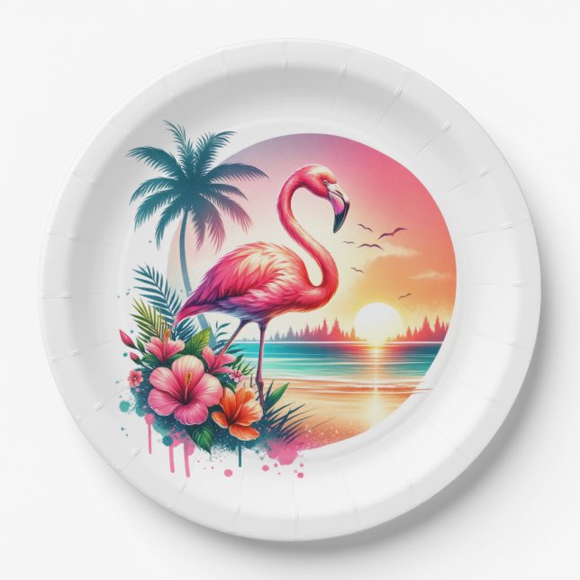 Pink Flamingo Sunset Clipart  Paper Plate (Front)