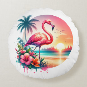 Pink Flamingo Sunset Clipart Round Cushion