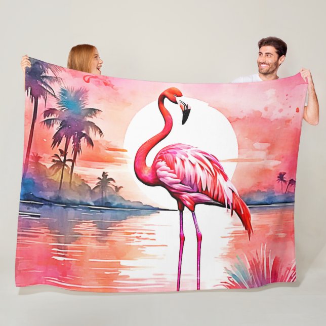 Pink Flamingo Sunset Fleece Blanket (In Situ)