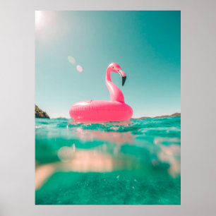 Pink flamingo swim ring on body of water in summer poster