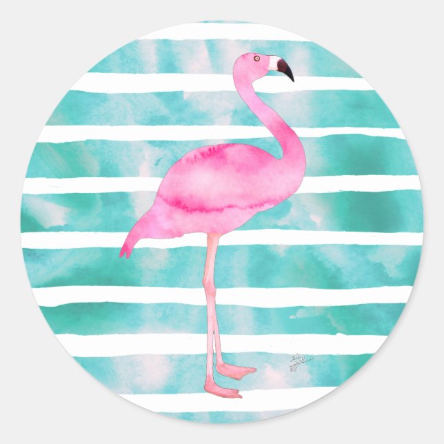 Pink Flamingo Teal Blue Stripes Modern Classic Round Sticker (Front)