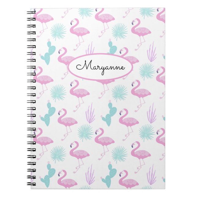 Pink Flamingo Teal Cactus Personalise Name Notebook (Front)