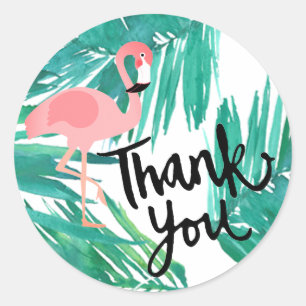 pink flamingo thank you on tropical green leaves classic round sticker