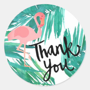 pink flamingo thank you on tropical leaves classic round sticker