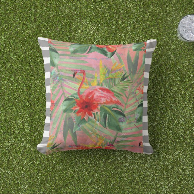 Pink Flamingo Throw Pillow (Grass)