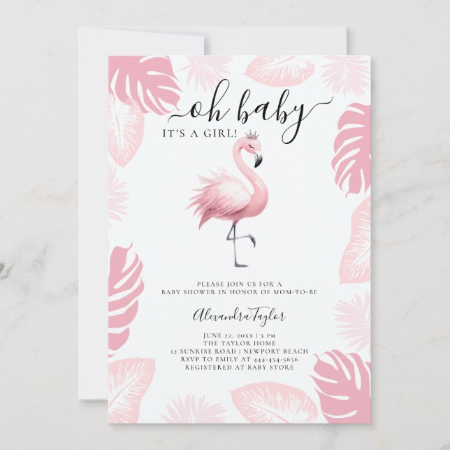 Pink Flamingo Tiara Tropical Leaf Girl Baby Shower Invitation (Front)