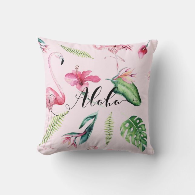 Pink Flamingo Tropical Aloha Hibiscus Summer Cushion (Front)