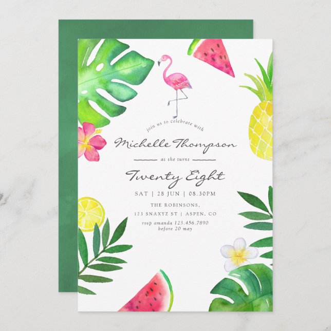 Pink Flamingo Tropical Any Age Birthday Party Invitation (Front/Back)