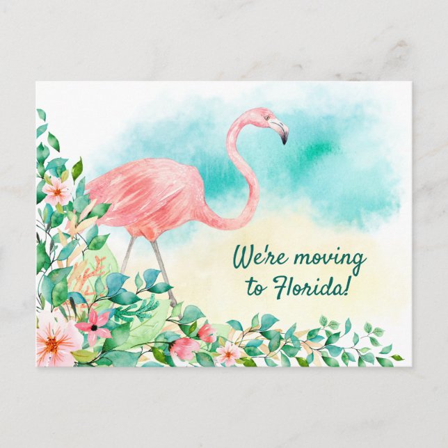 Pink Flamingo Tropical Beach Scene New Address Announcement Postcard (Front)