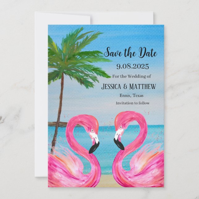 Pink Flamingo Tropical Beach Wedding Invitation (Front)
