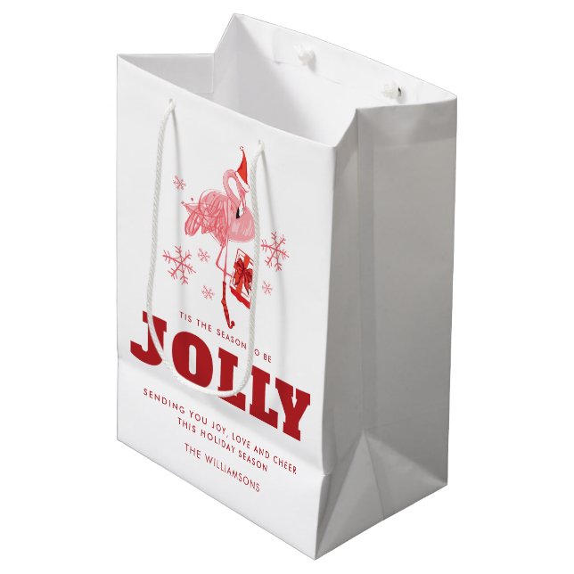 Pink Flamingo Tropical Beach White Christmas Medium Gift Bag (Front Angled)