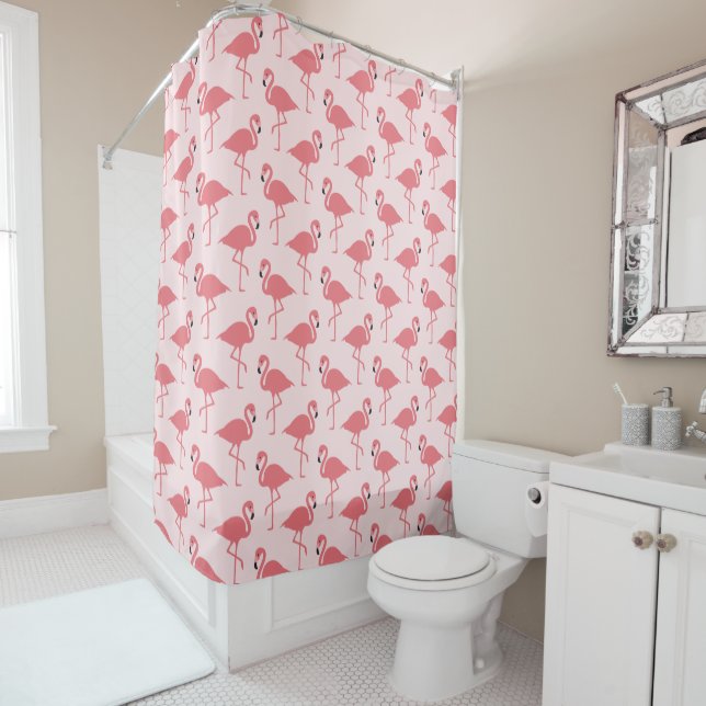 Pink Flamingo Tropical Bird Pattern Shower Curtain (In Situ)