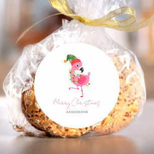 Pink Flamingo Tropical Christmas Classic Round Sticker