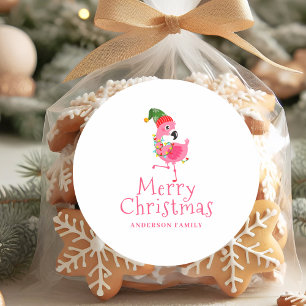 Pink Flamingo Tropical Christmas Classic Round Sticker