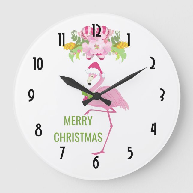 Pink Flamingo Tropical Christmas Large Clock (Front)