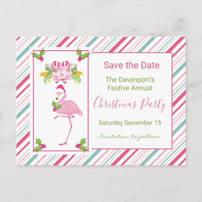 Pink Flamingo Tropical Christmas Save the Date Postcard (Front)