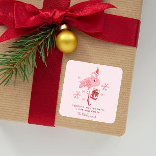 Pink Flamingo Tropical Christmas Watercolor Square Sticker
